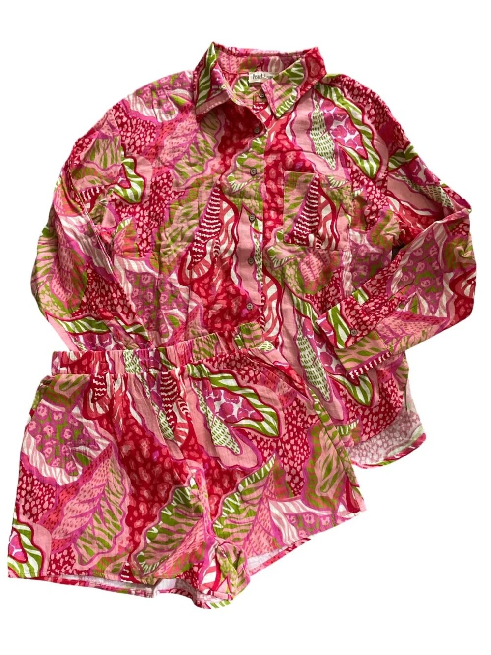 Peach Love SAY ALOHA RED TROPICAL GAUZE SHIRT/SHORTS SET